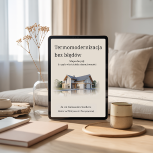 Obrazek ebooka Termomodernizacja bez błędów wyświetlana na tablecie, poradnik dla właścicieli domów planujących termomodernizację