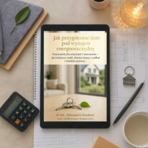 Obrazek ebooka Jak przygotować dom pod wynajem energooszczędny wyświetlany na tablecie w aranżacji biurka