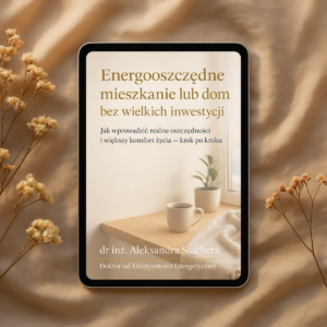 Obrazek ebooka Energooszczędne mieszkanie lub dom bez wielkich inwestycji wyświetlany na tablecie w aranżacji wnętrza