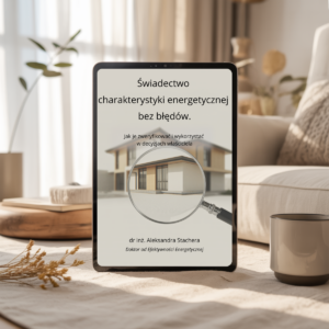 Obrazek ebooka Świadectwo charakterystyki energetycznej bez błędów wyświetlany na tablecie w aranżacji wnętrza